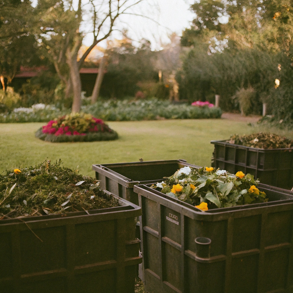 Vinterträdgård med frost och vintergröna växter